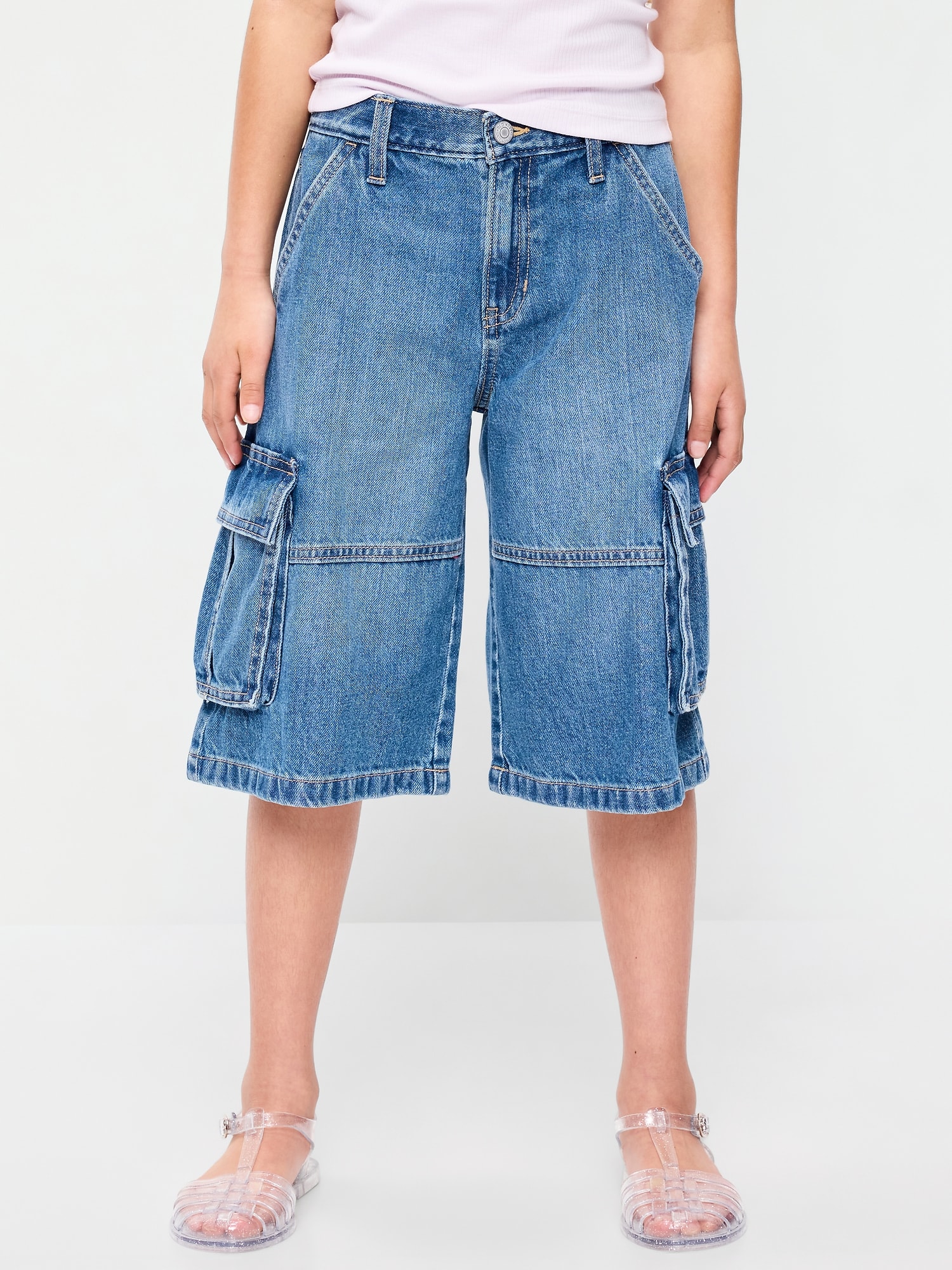 Mid-Rise Ultra Baggy Cargo Jean Shorts for Girls