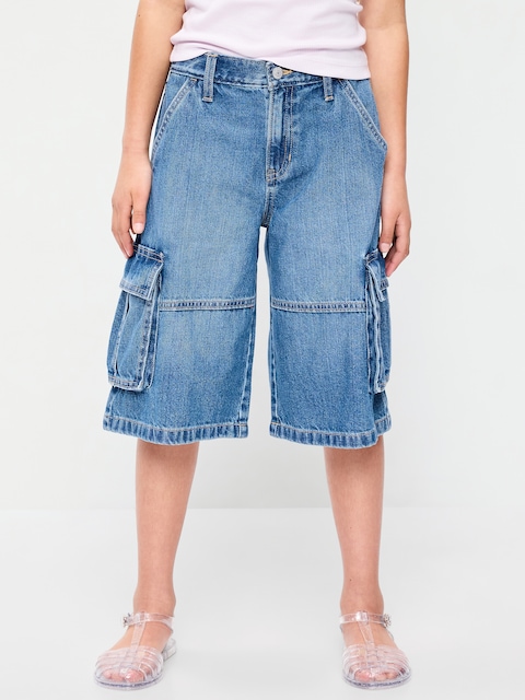 Mid-Rise Ultra Baggy Cargo Jean Shorts for Girls