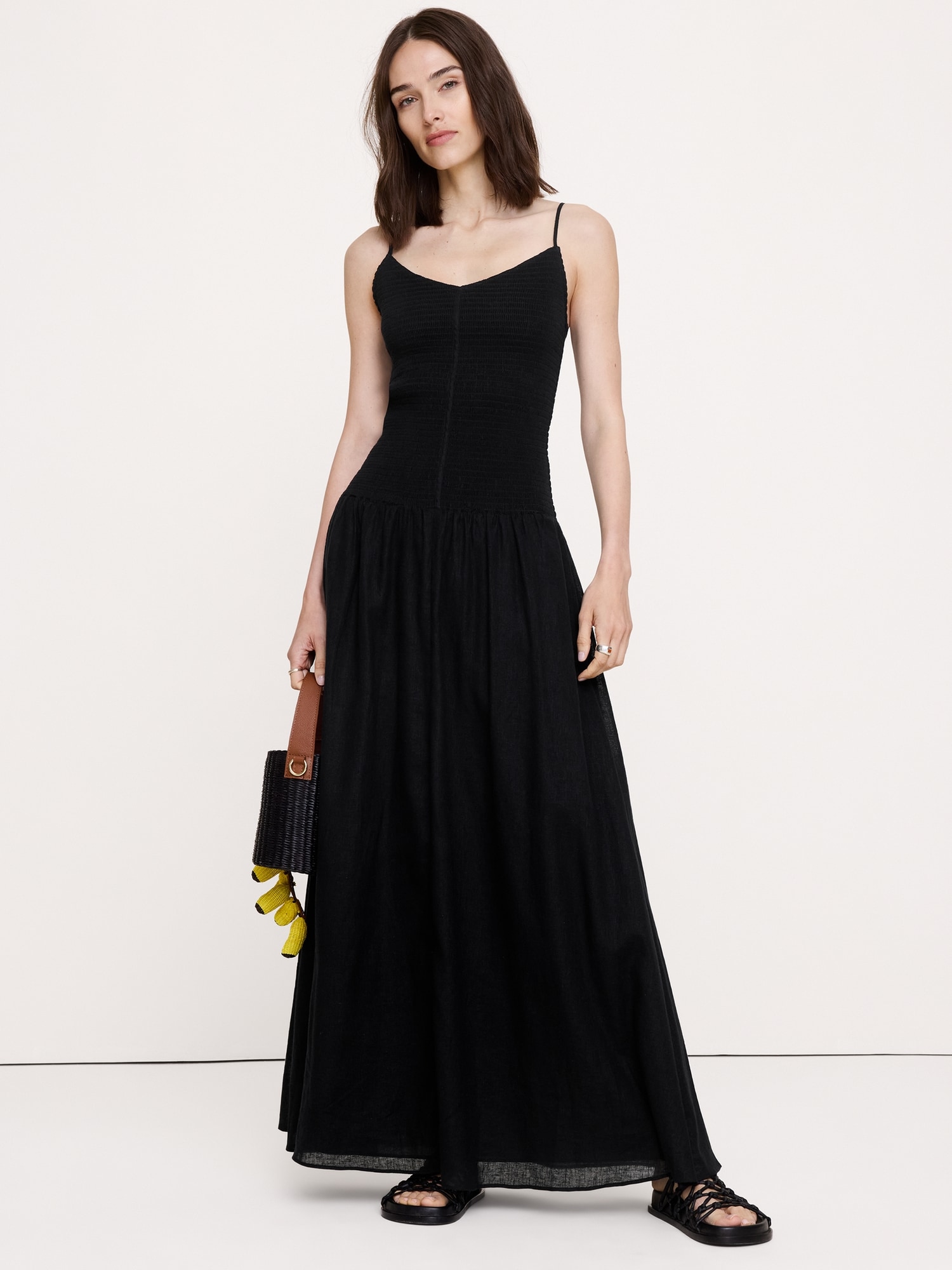 ROBE LONGUE EN VOILE DE LIN ET COTON À SMOCKS