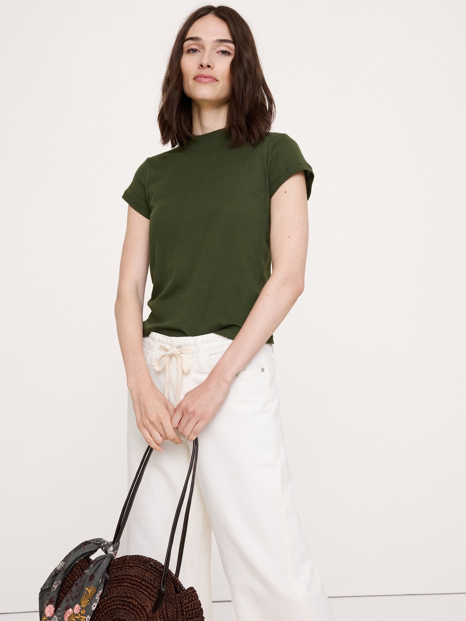 Airy Cotton Mock-Neck T-Shirt
