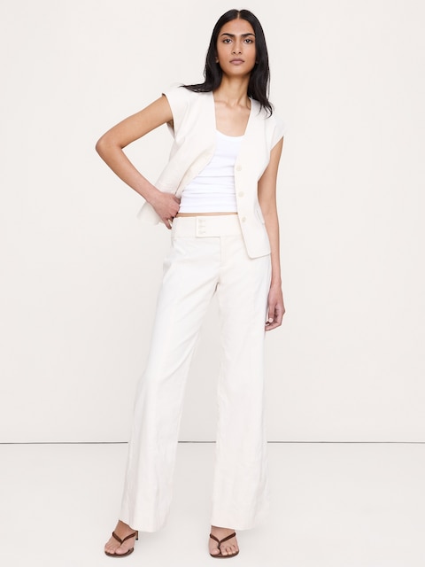 PANTALON EN LIN ET VISCOSE EXTENSIBLE À JAMBE LARGE ET TAILLE BASSE