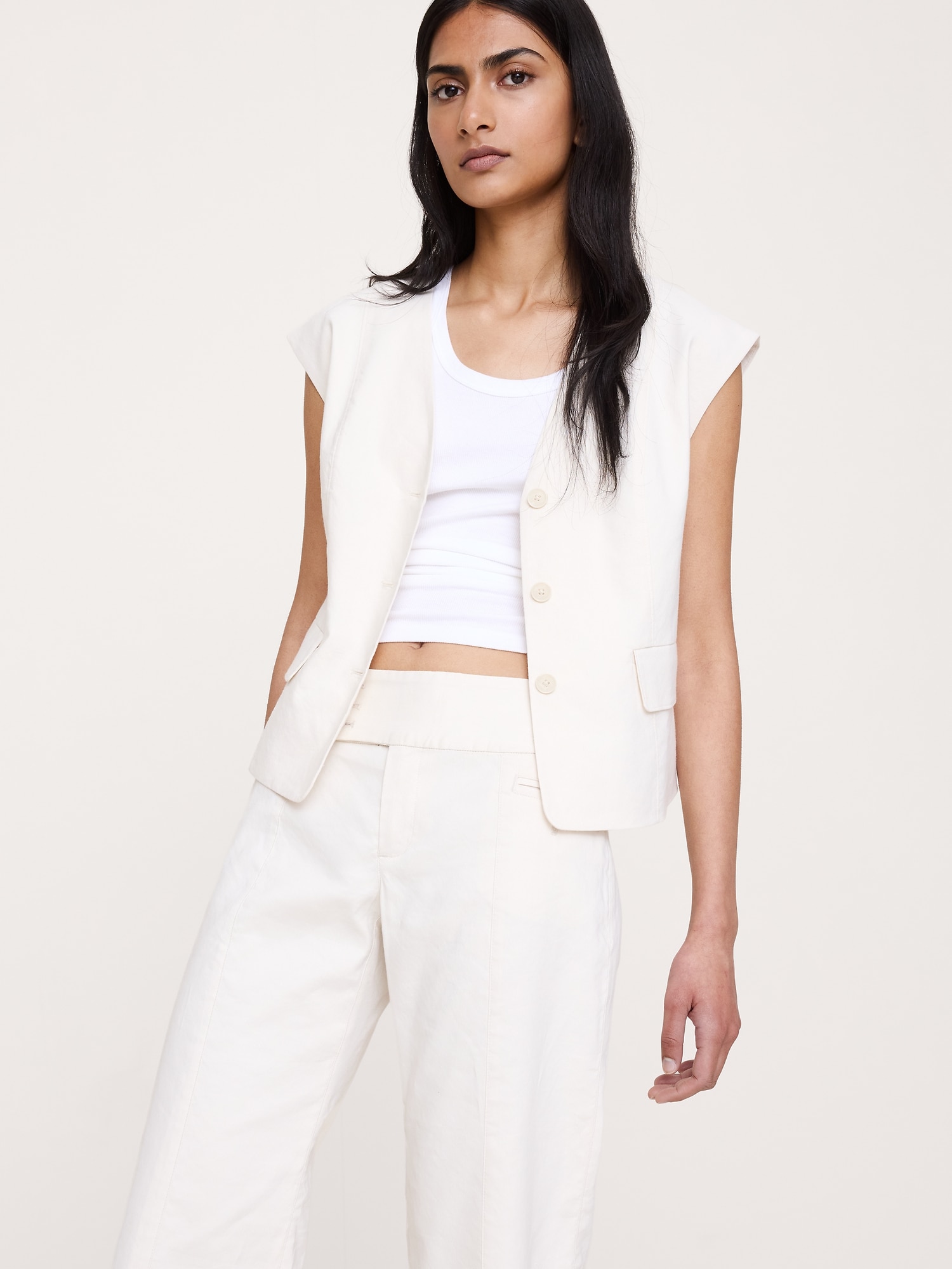 ローライズ ワイドレッグ ストレッチ リネン ビスコース パンツ-3