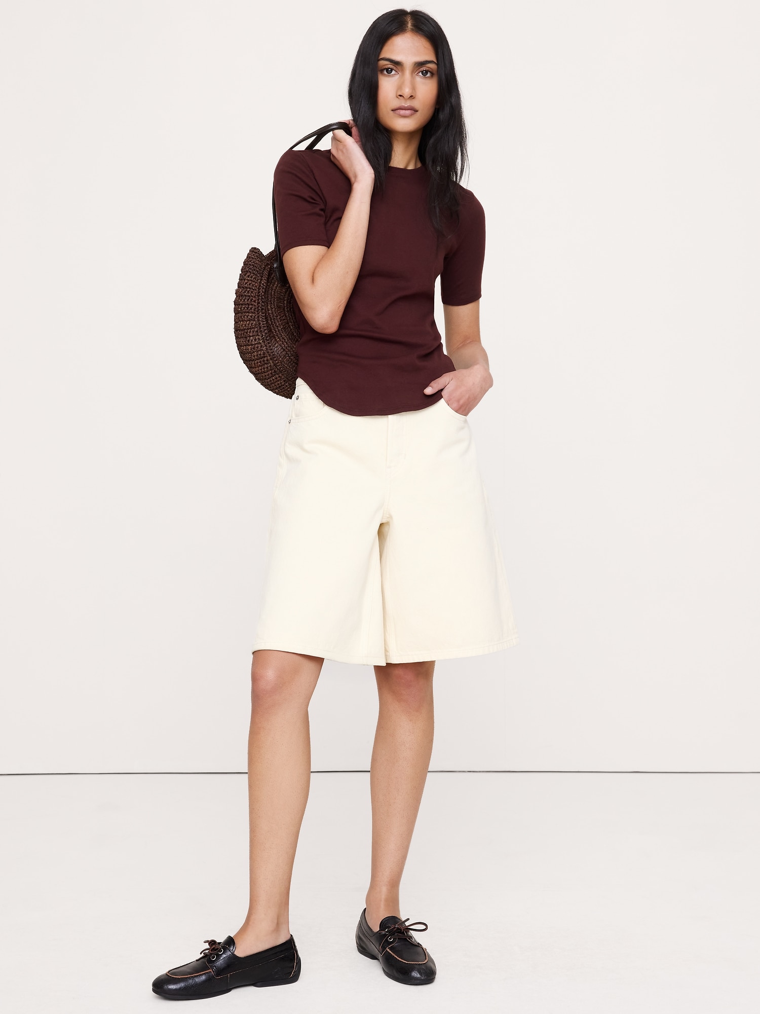 Airy Cotton Elbow-Sleeve T-Shirt - Radicchio Burgundy