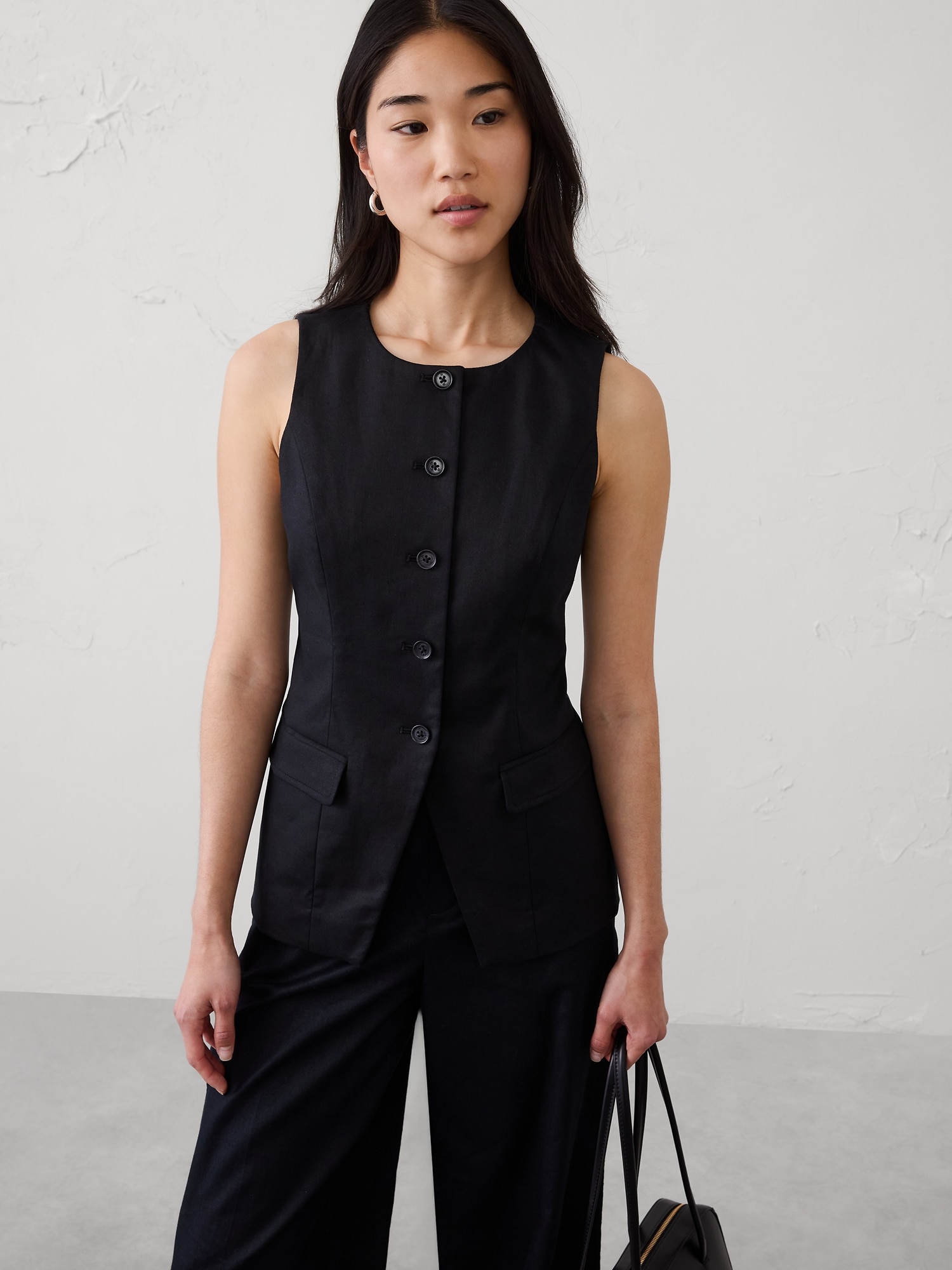 Linen-Blend Long Cutaway Vest