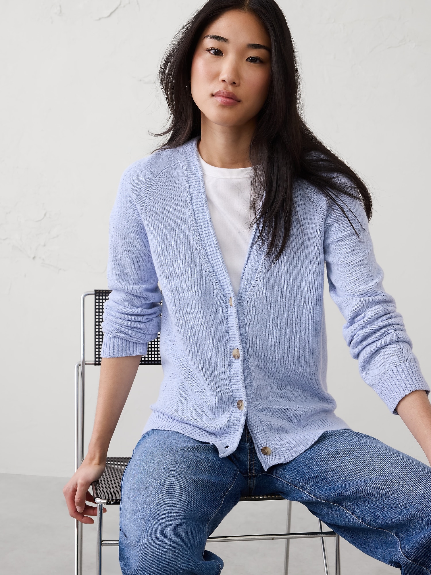 Ramie-Cotton V-Neck Cardigan Sweater