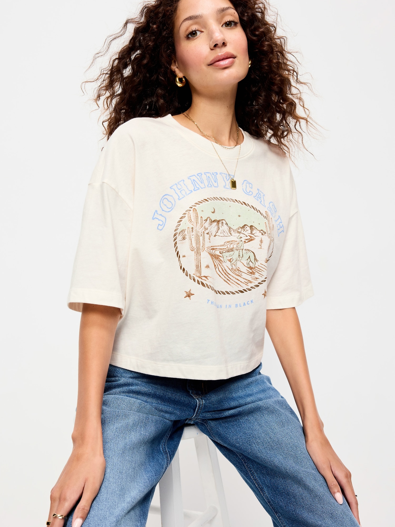 Crew-Neck Oversized Crop Graphic T-Shirt