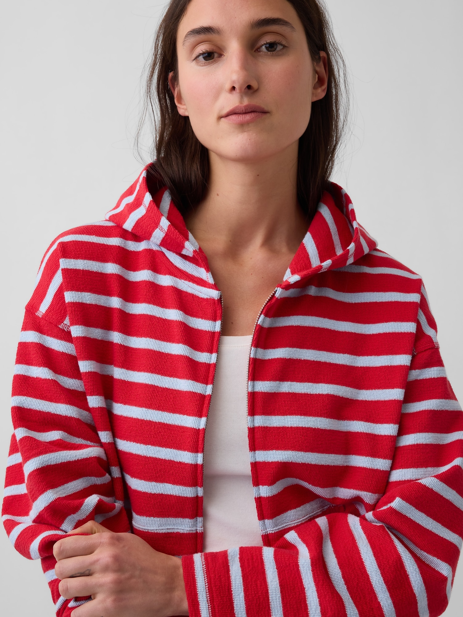 Towel Terry Oversized Stripe Zip Hoodie