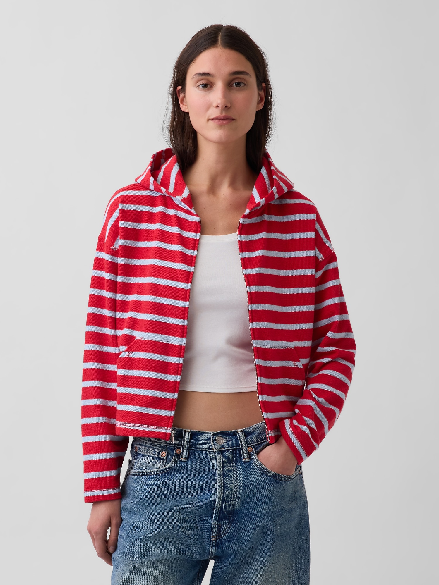 Towel Terry Oversized Stripe Zip Hoodie