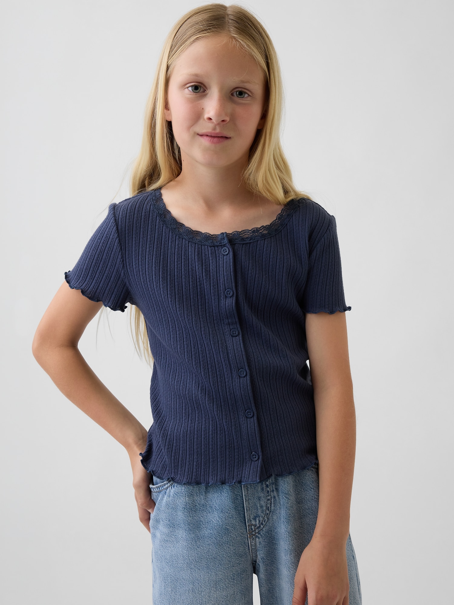 Kids Pointelle Rib Button-Front T-Shirt