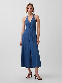 slim fit dress slacks Full Size Lace Up Halter Neck Denim Dress Plus Size Blue / XL