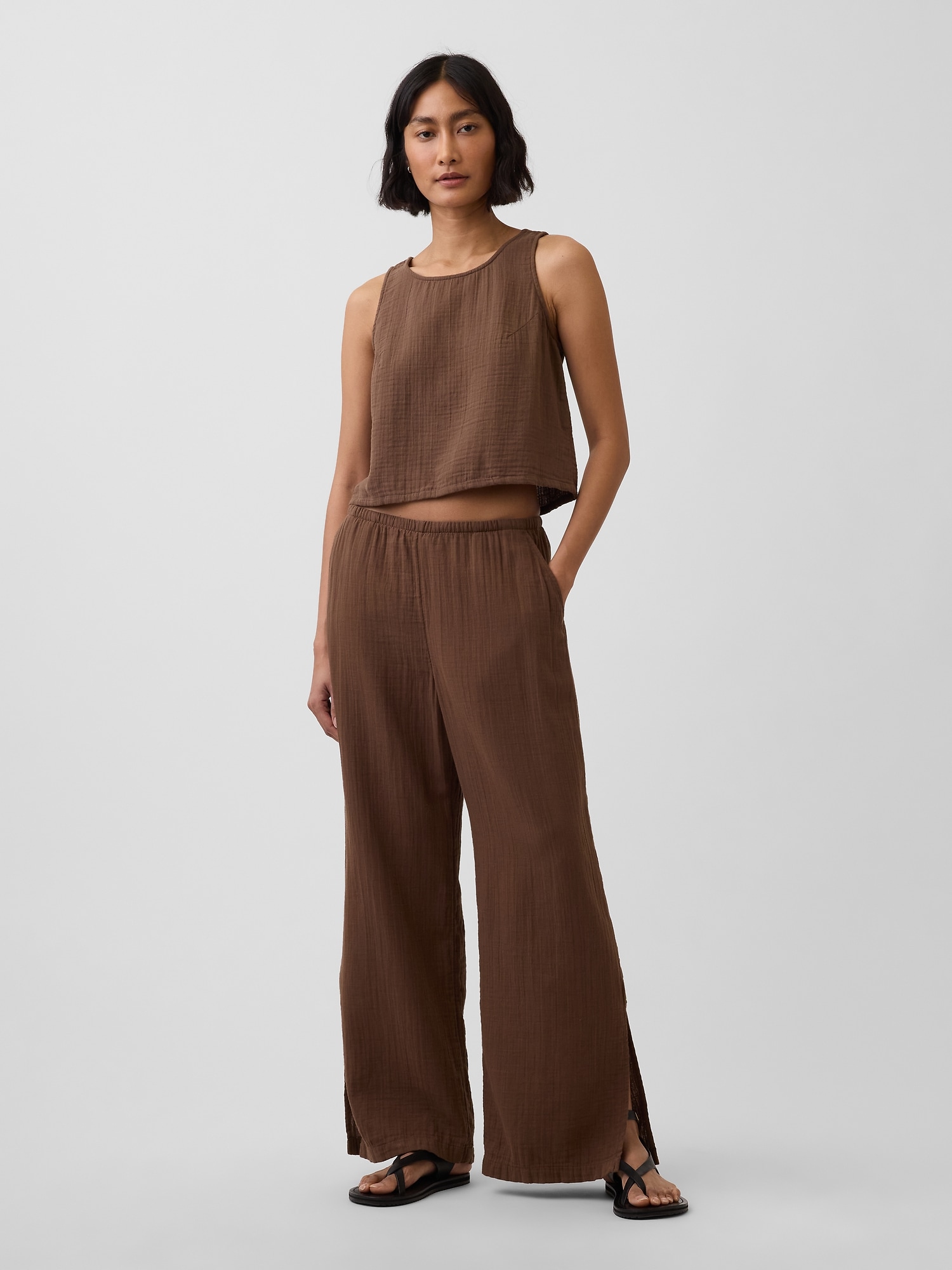 Cotton Gauze Easy Split-Hem Pants