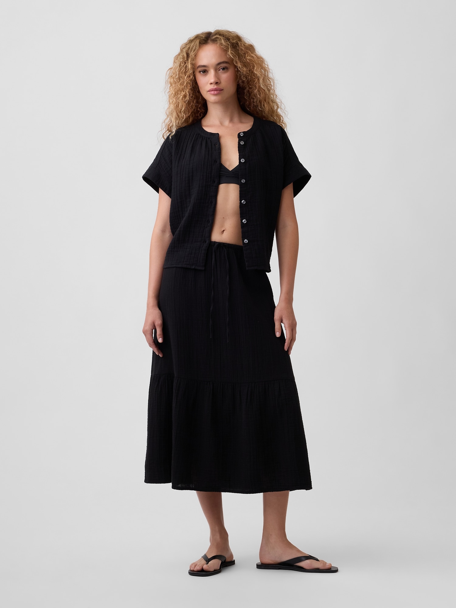 Pull-On Gauze Midi Skirt