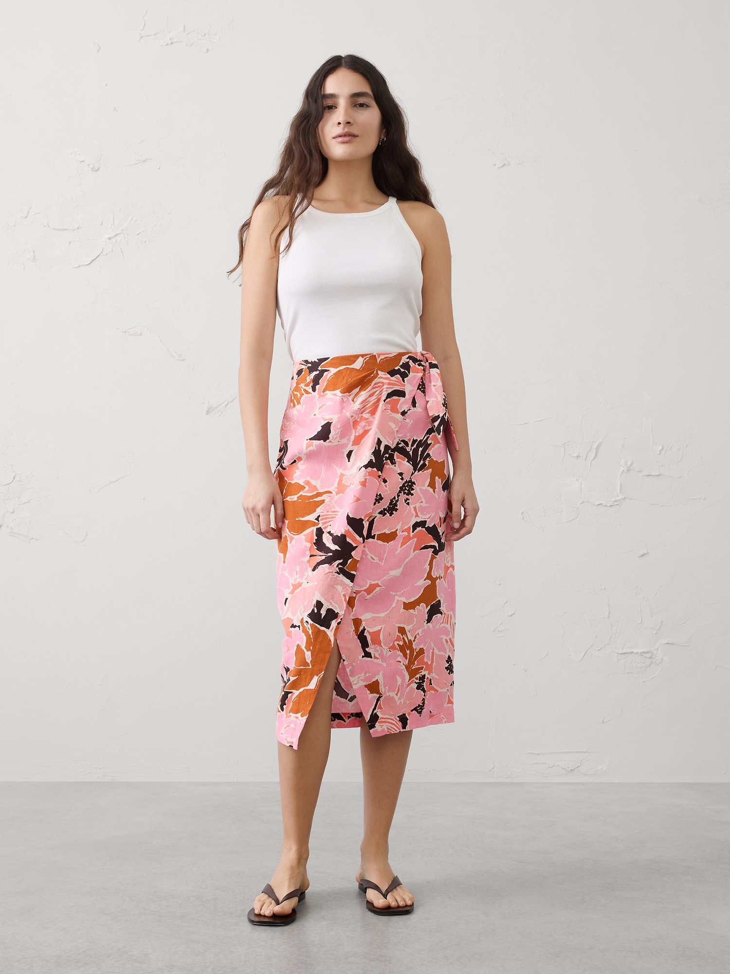 Linen-Blend Faux-Wrap Midi Skirt