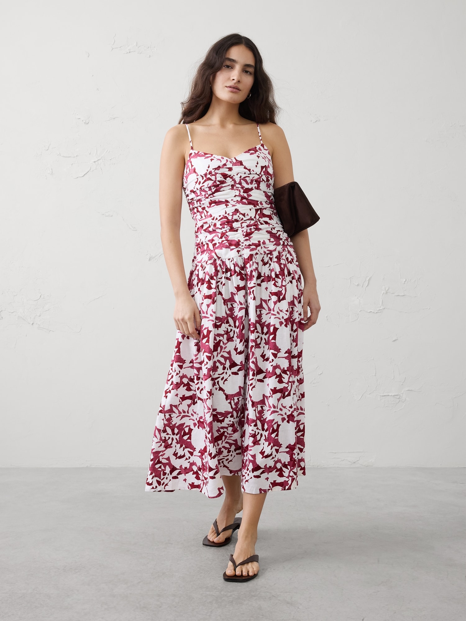 Linen-Blend Strappy Ruched-Bodice Maxi Dress