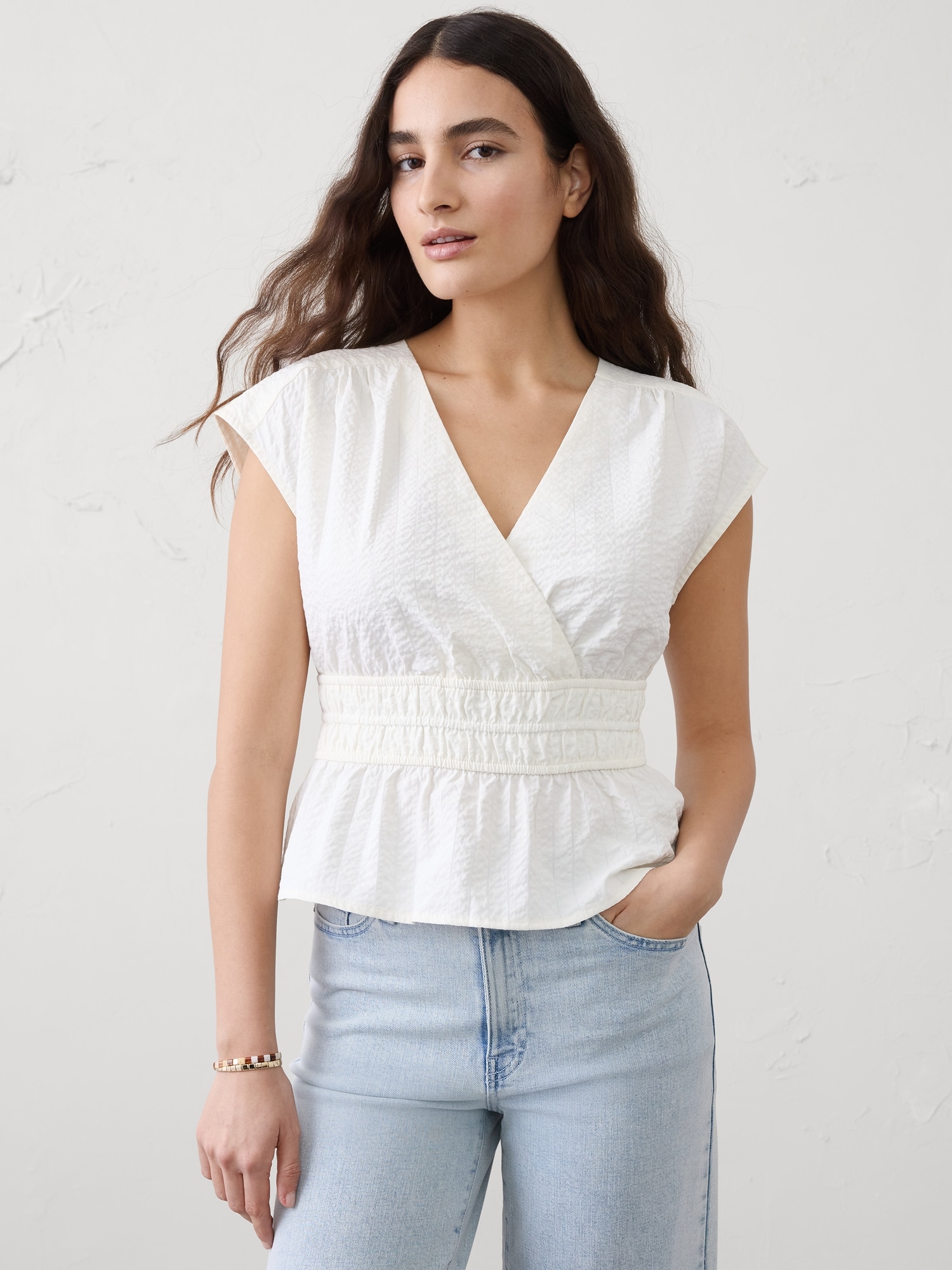 Seersucker Elastic Surplice Top