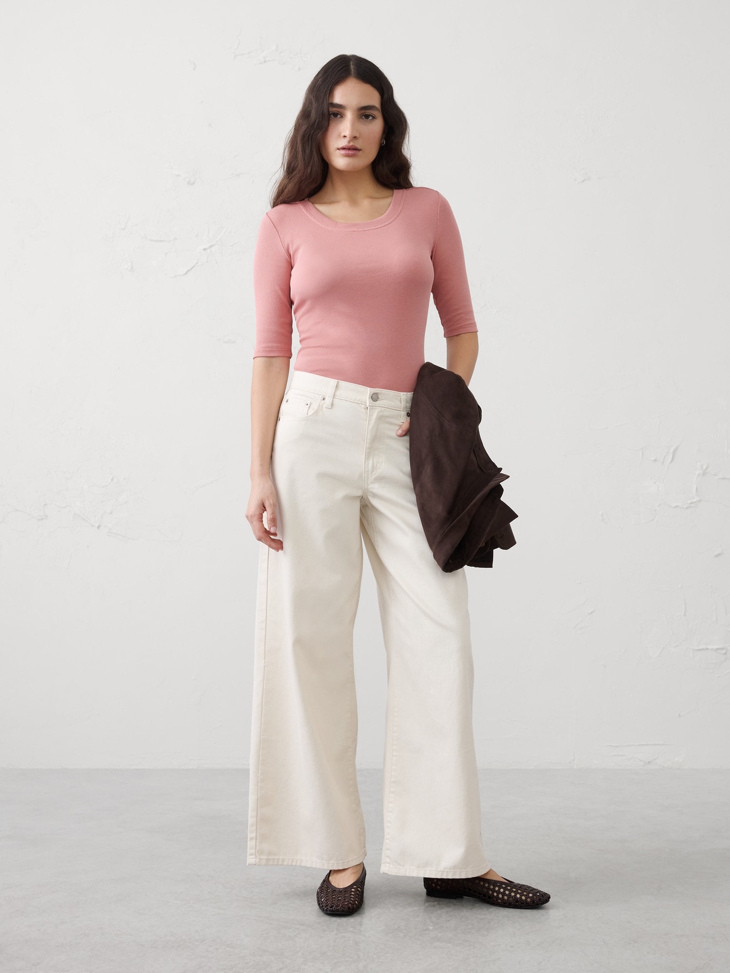 Ribbed Elbow-Sleeve T-Shirt