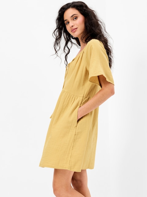 Crinkle Gauze Flutter-Sleeve Mini Swing Dress
