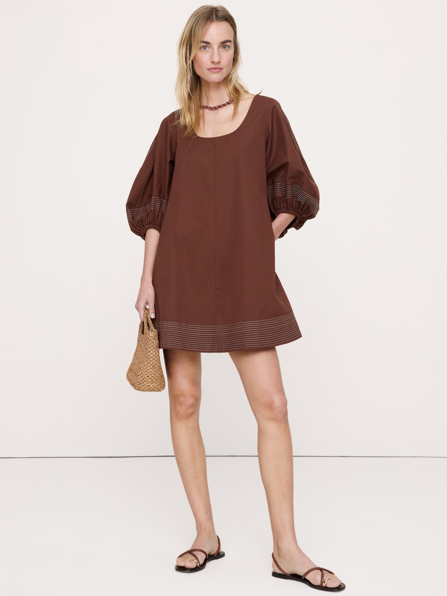 Cotton-Twill Lantern-Sleeve Mini Dress