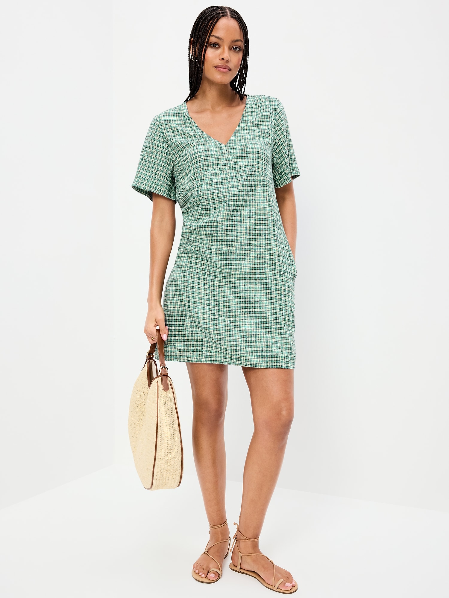 Short-Sleeve Linen-Blend Mini Shift Dress