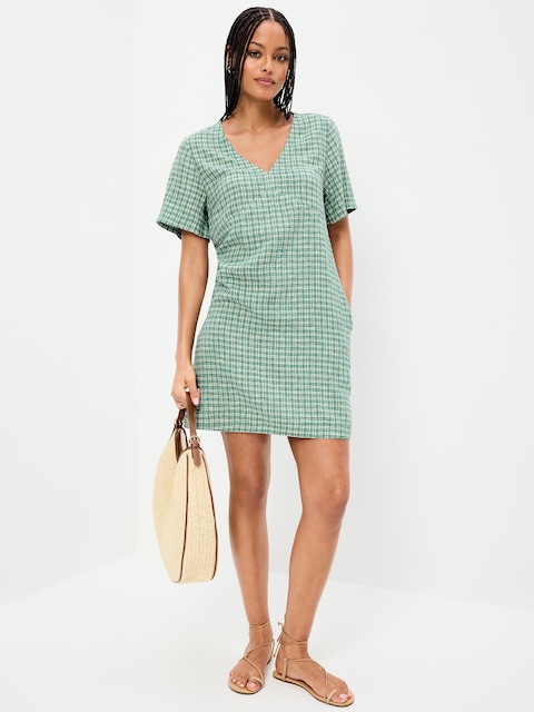Short-Sleeve Linen-Blend Mini Shift Dress