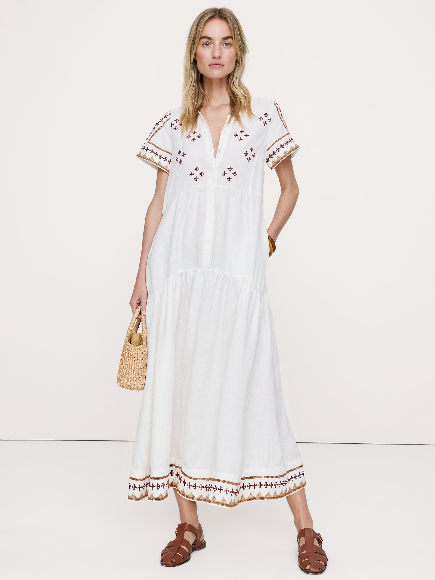 Embroidered Linen Tiered Maxi Dress