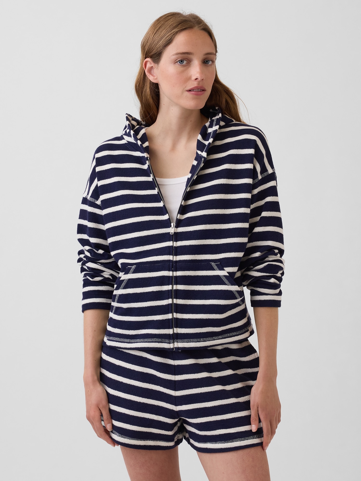 Towel Terry Oversized Stripe Zip Hoodie