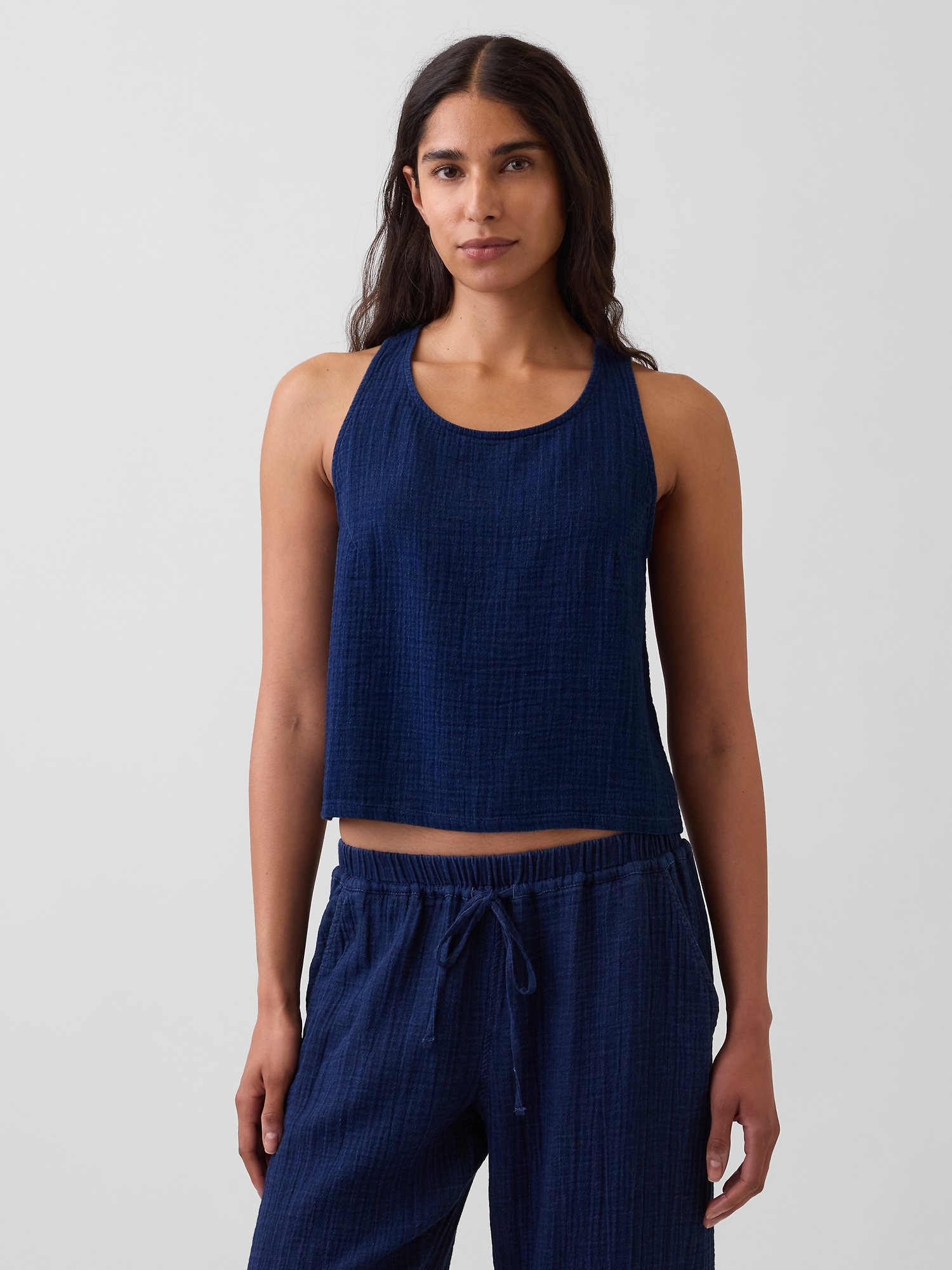 Cotton Gauze Denim Crop Shell Tank Top