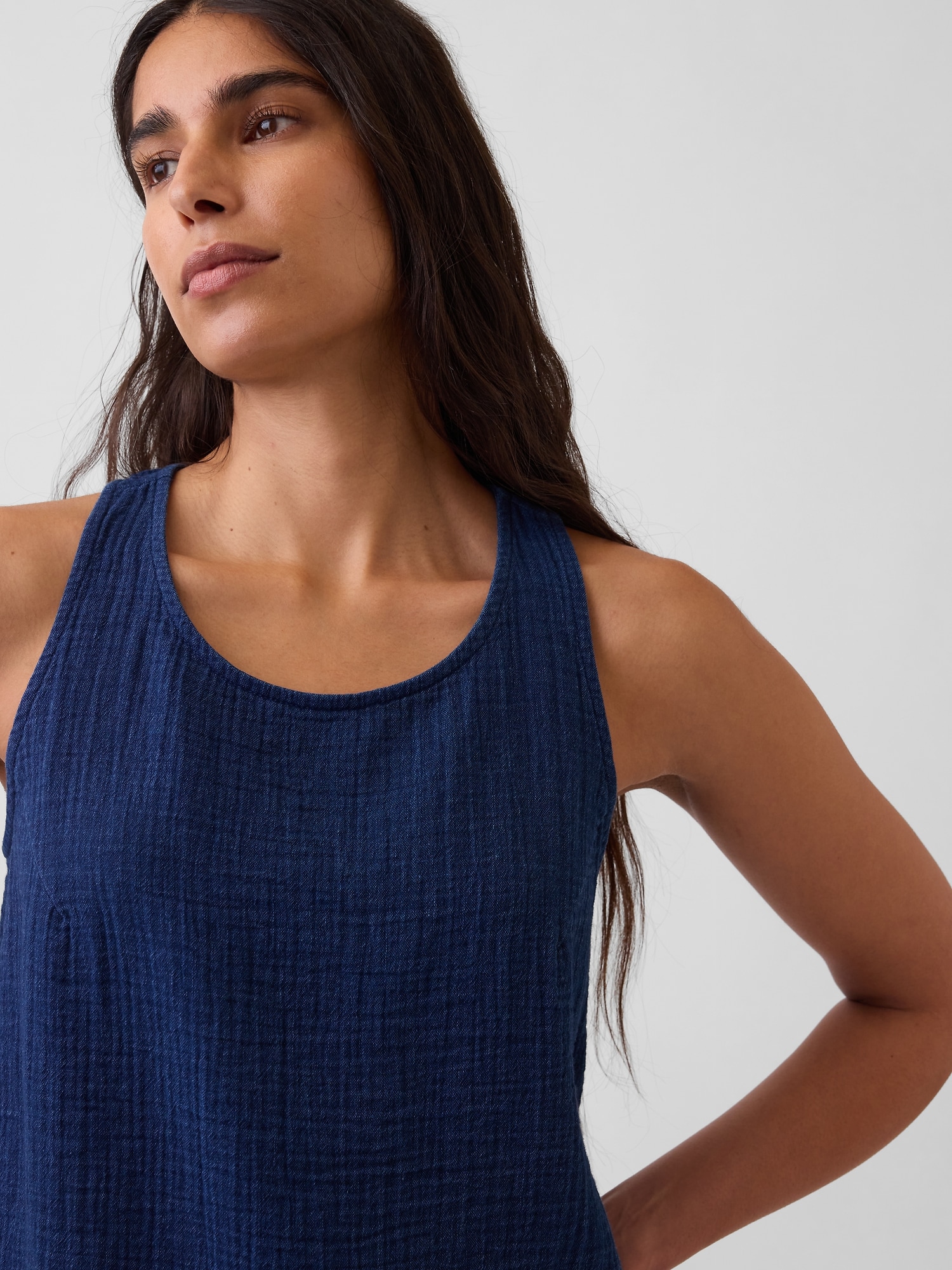 Cotton Gauze Denim Crop Shell Tank Top