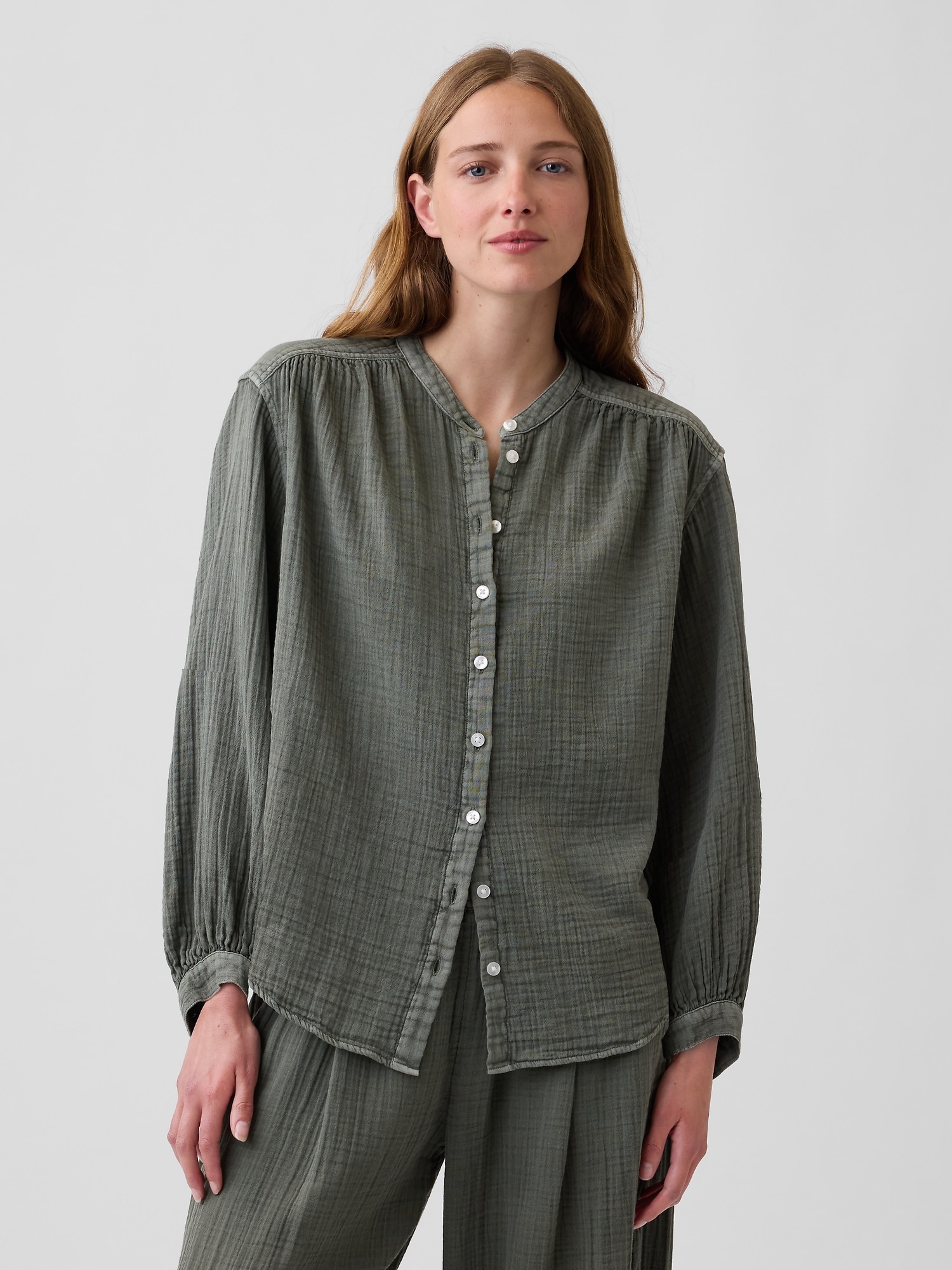 Cotton Gauze Oversized Collarless Shirt
