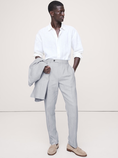 PANTALON DE COMPLET EN LIN ET LAINE MÉRINOS À MOTIF DE CHEVRONS, COUPE ÉTROITE CINTRÉE