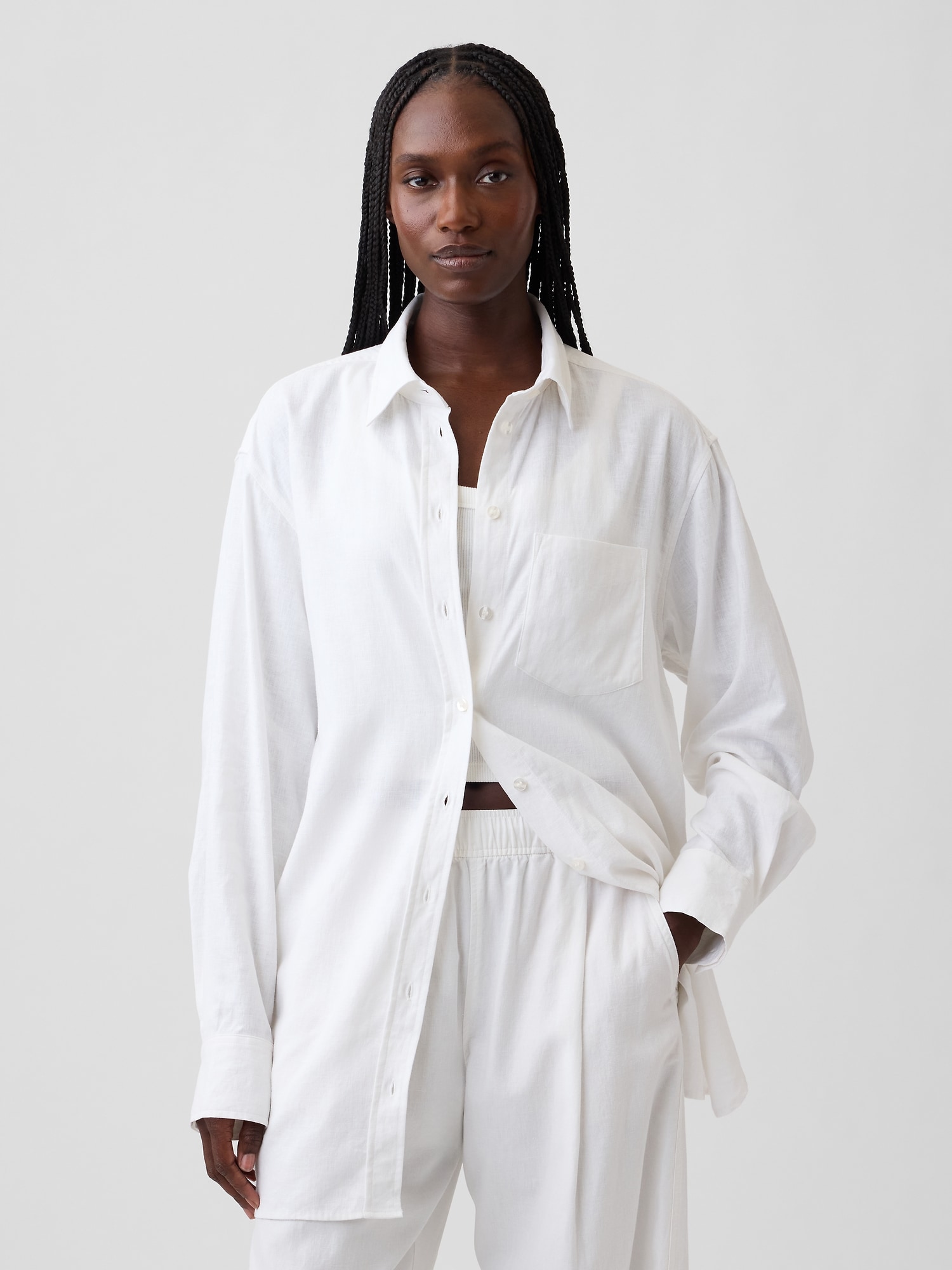 Linen-Blend Oversized Tunic Shirt