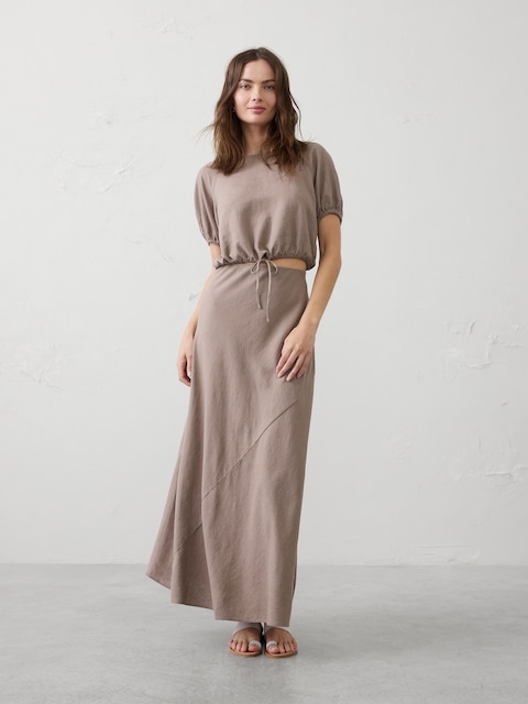 JUPE LONGUE À COUPE EN BIAIS À TAILLE EXTENSIBLE EN MÉLANGE DE LIN