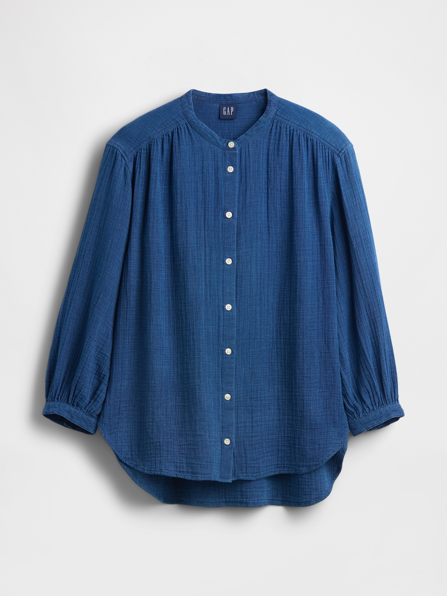 Cotton Gauze Denim Oversized Collarless Shirt