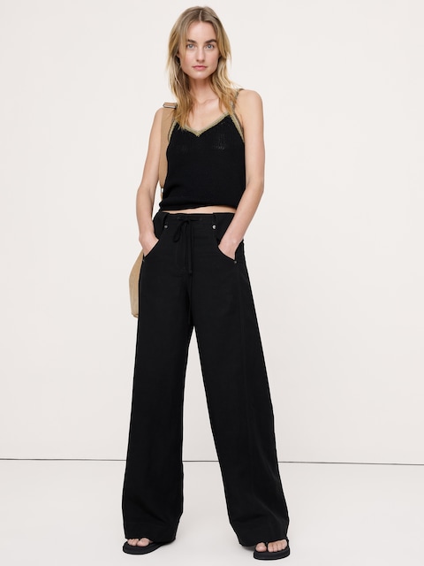 PANTALON À JAMBE LARGE À CEINTURE REPLIÉE EN TENCEL™ ET LIN