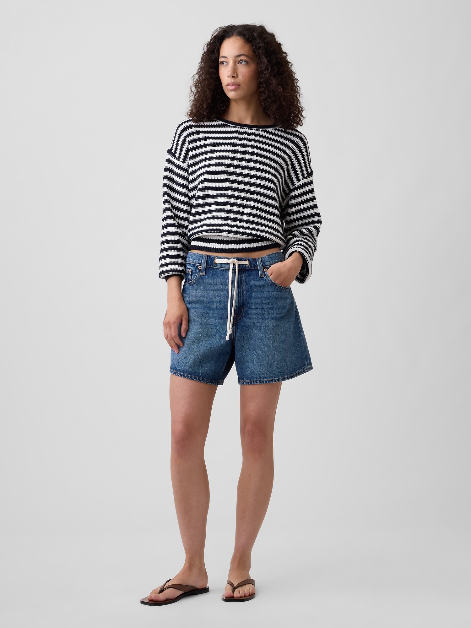 SuperSoft Drawstring Denim Midi Shorts