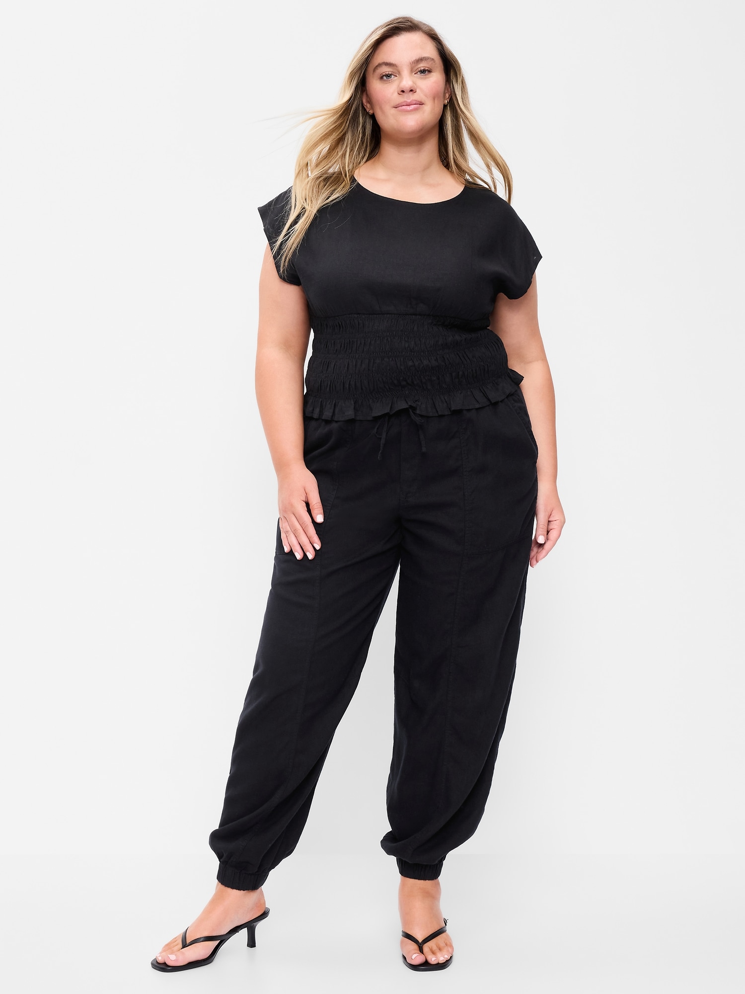 Mid-Rise Linen-Blend Cinched-Ankle Pants