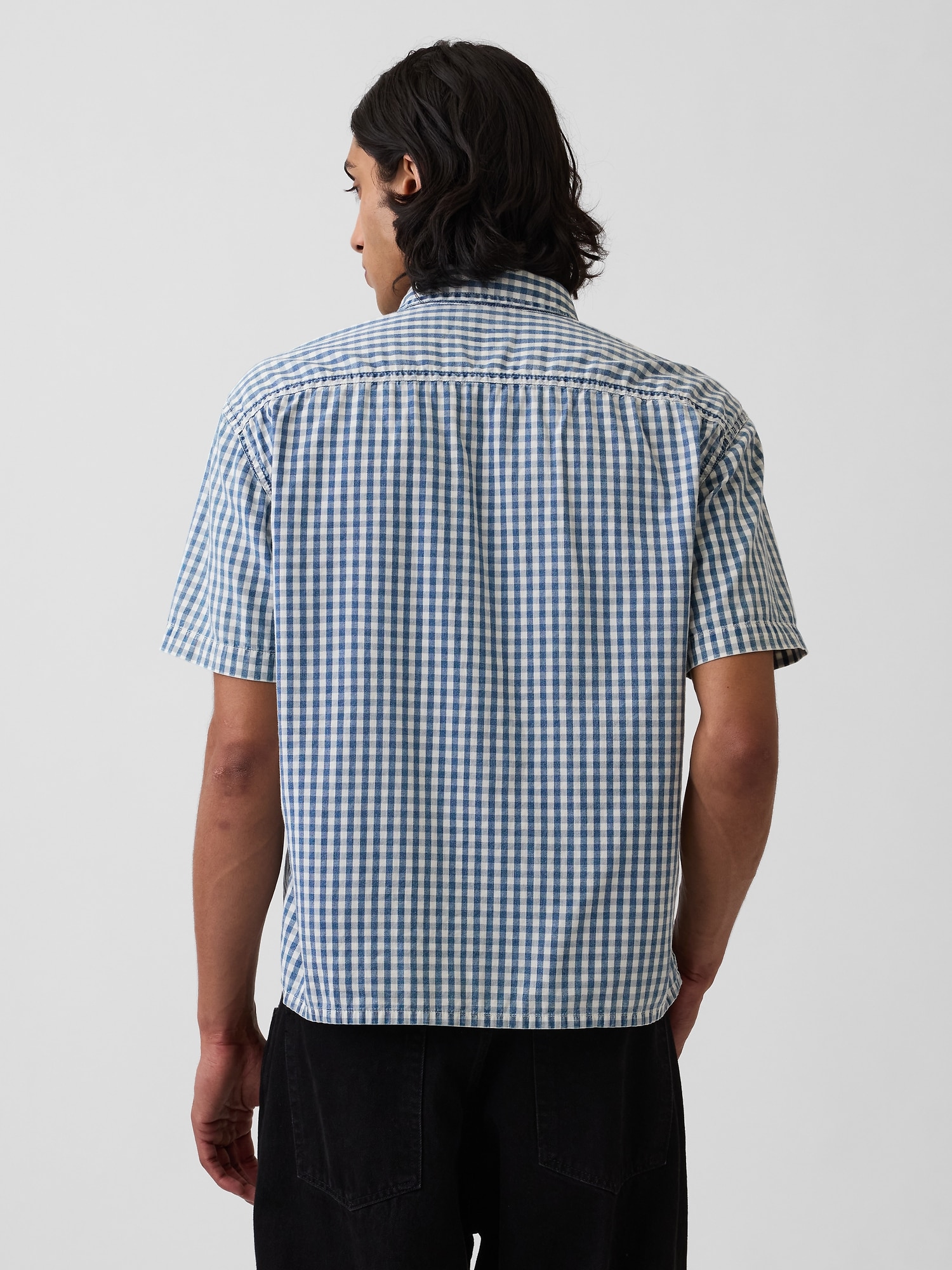 Gingham Denim Relaxed Straight-Hem Shirt