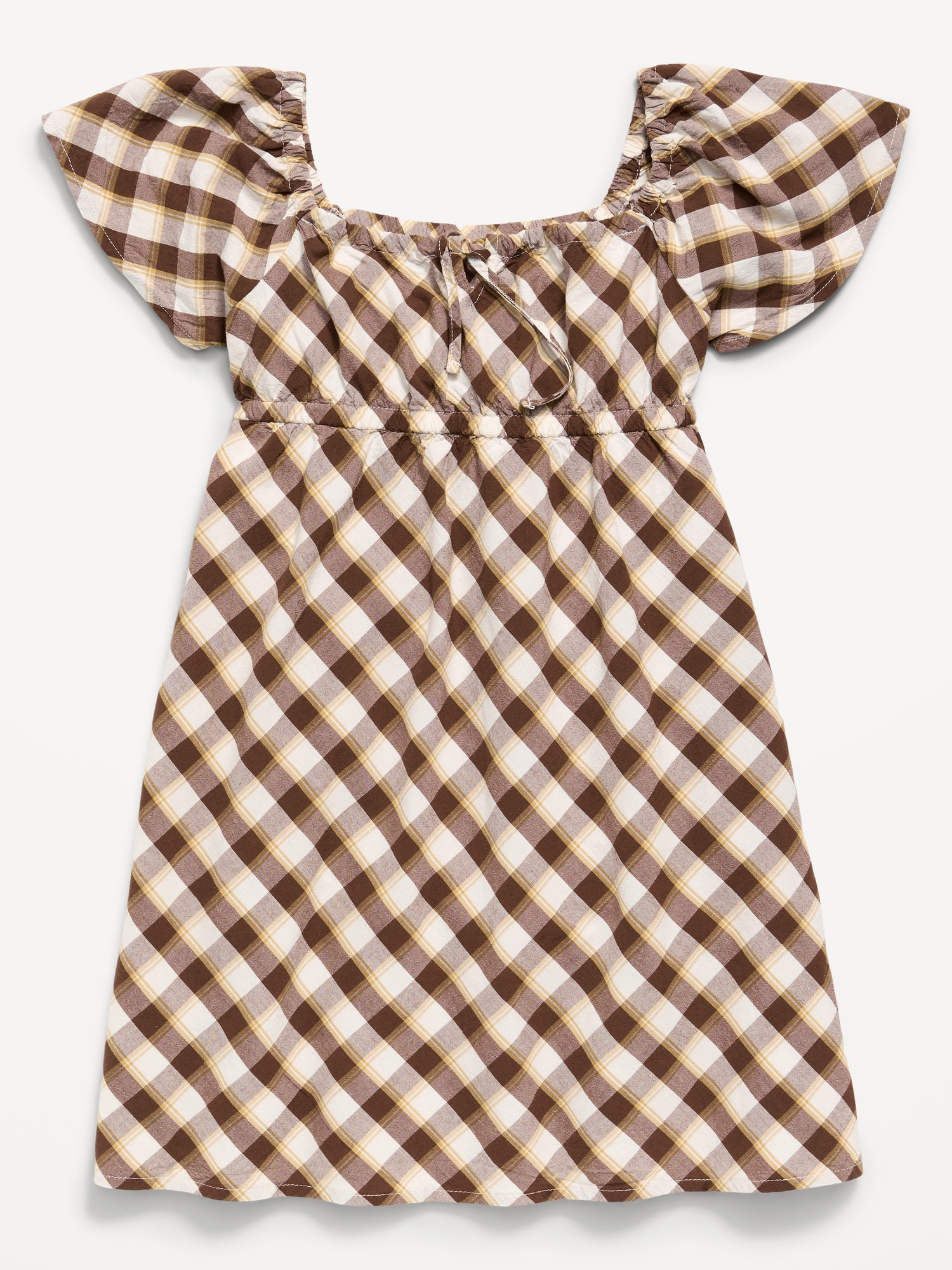 ROBE COURTE À MANCHES COURTES FLOTTANTES EN TISSU FROISSÉ À CARREAUX POUR FILLE