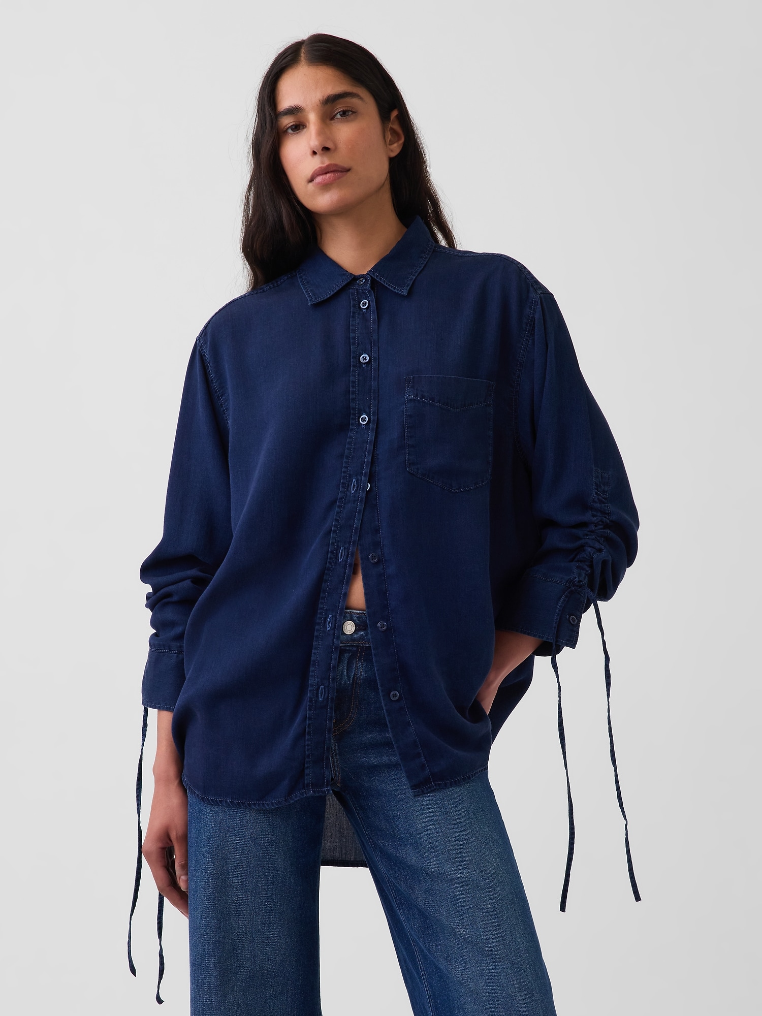 Denim Oversized Ruched-Sleeve Shirt