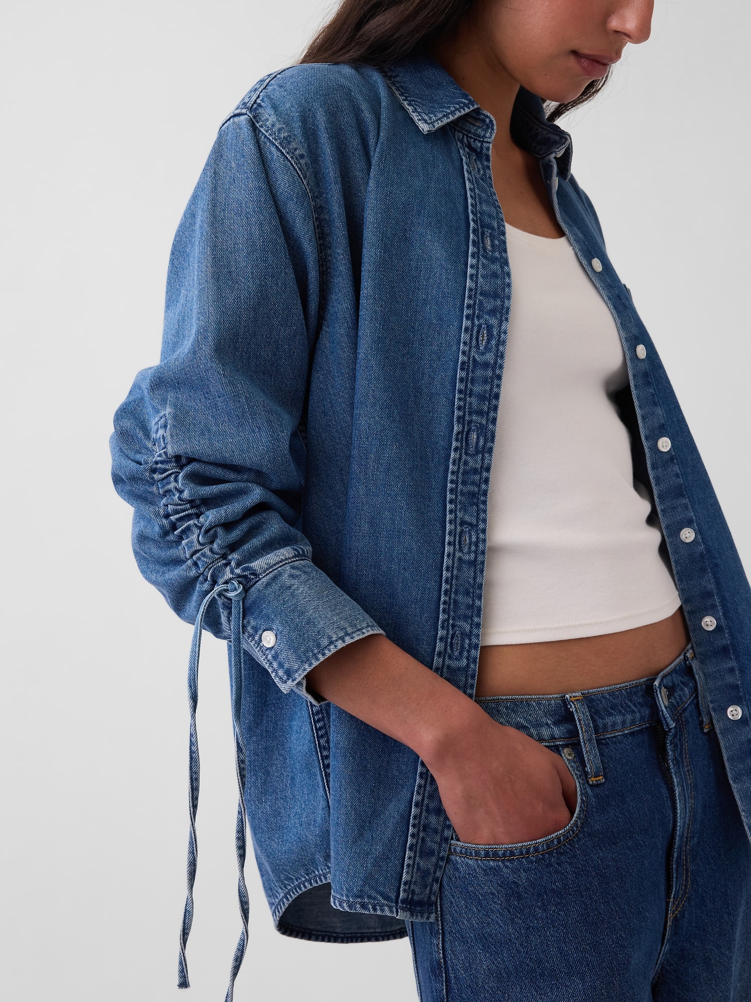 UltraSoft Denim Oversized Ruched-Sleeve Shirt