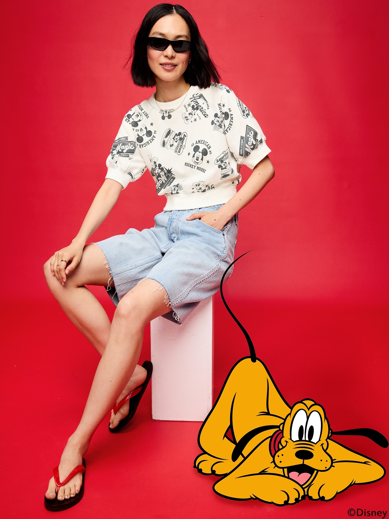 Old Navy x Disney Mickey Mouse Short-Sleeve Cropped Raglan Fleece Sweatshirt for Women