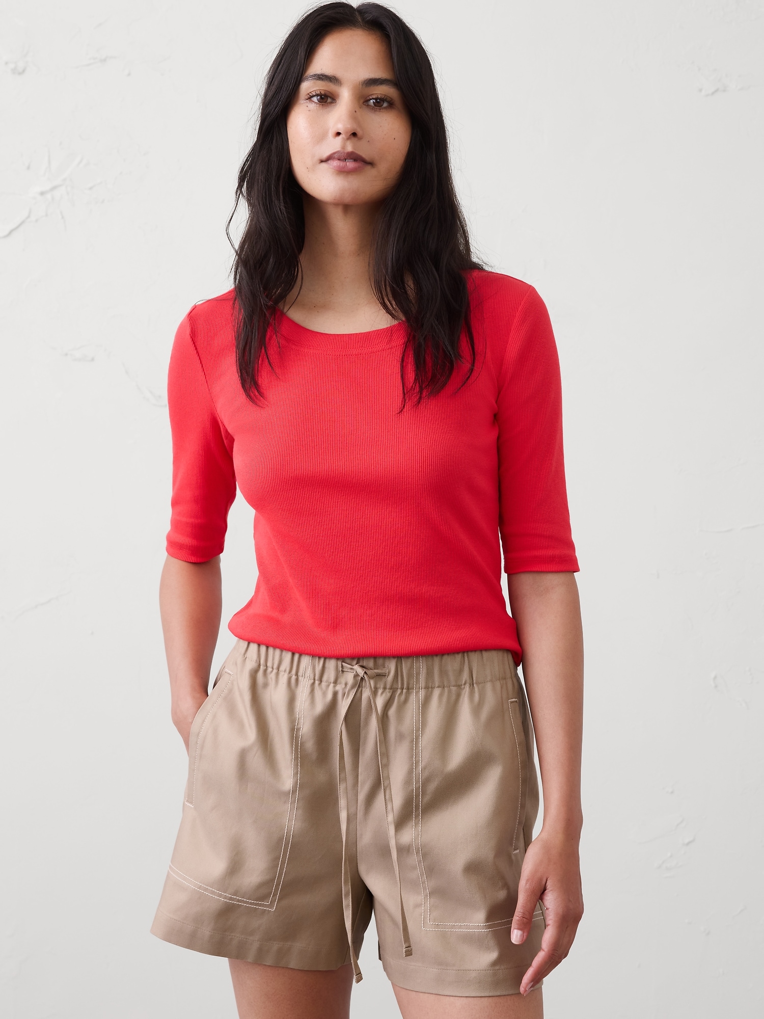 Ribbed Elbow-Sleeve T-Shirt