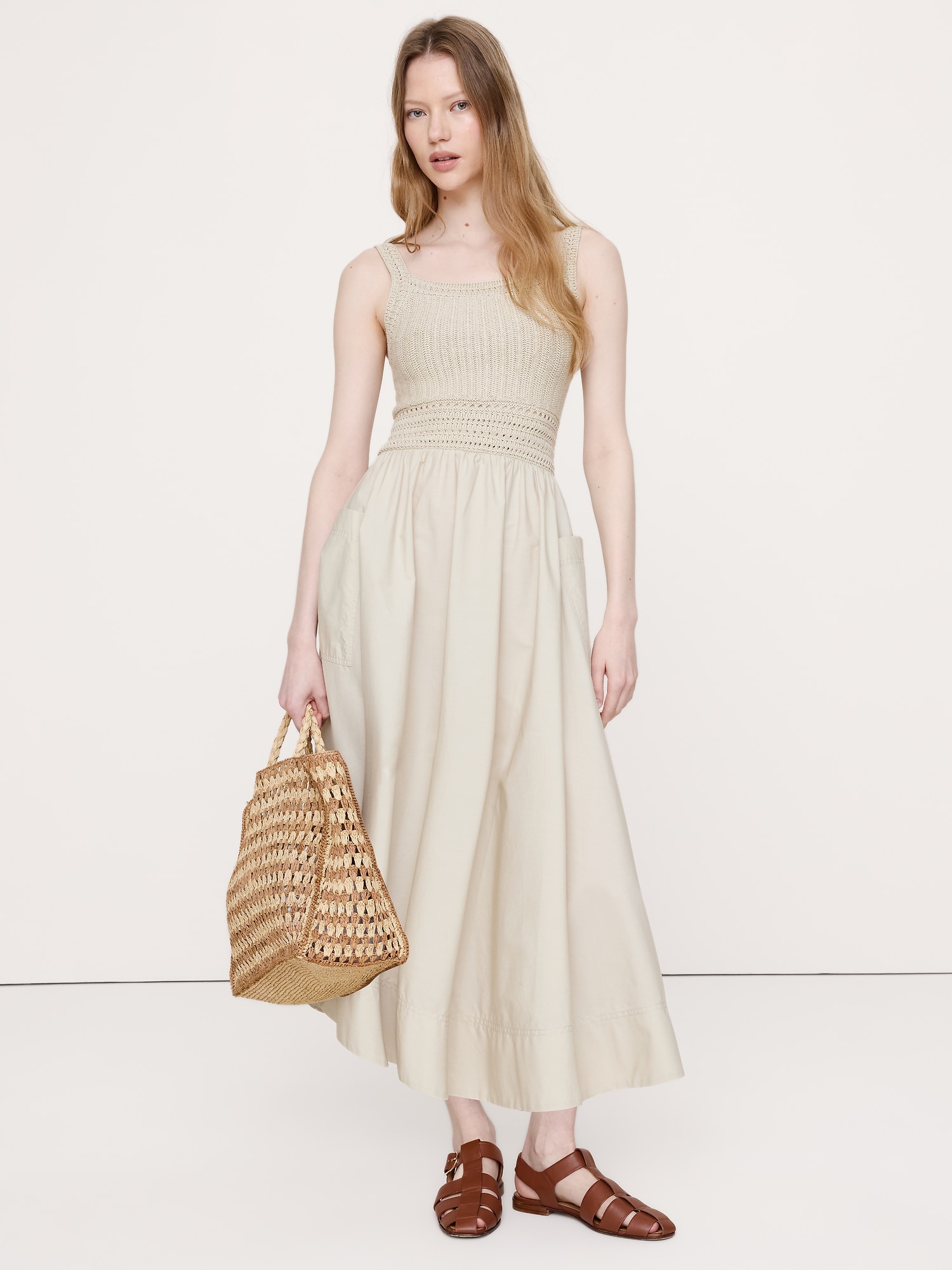 ROBE MI-LONGUE EN POPELINE DE COTON ET AU CROCHET