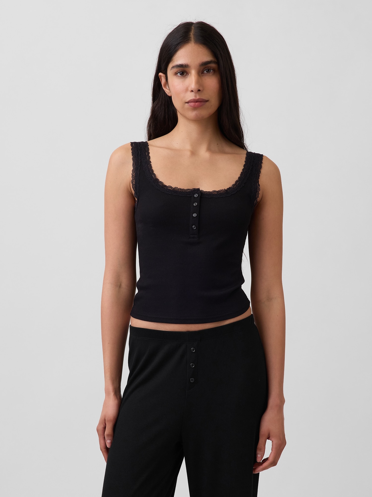 Mini Rib Lace Henley PJ Tank Top