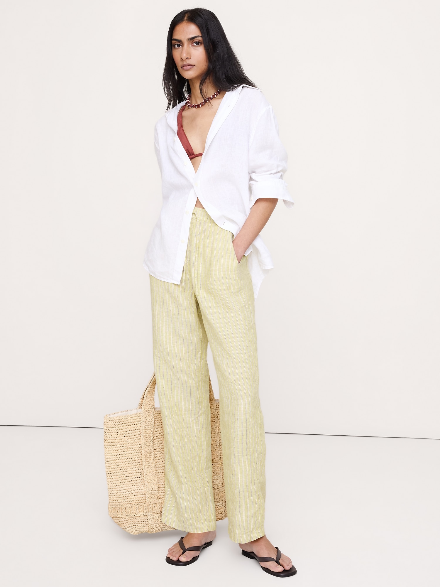 PANTALON DROIT À TAILLE EXTENSIBLE EN LIN ESCAPADE
