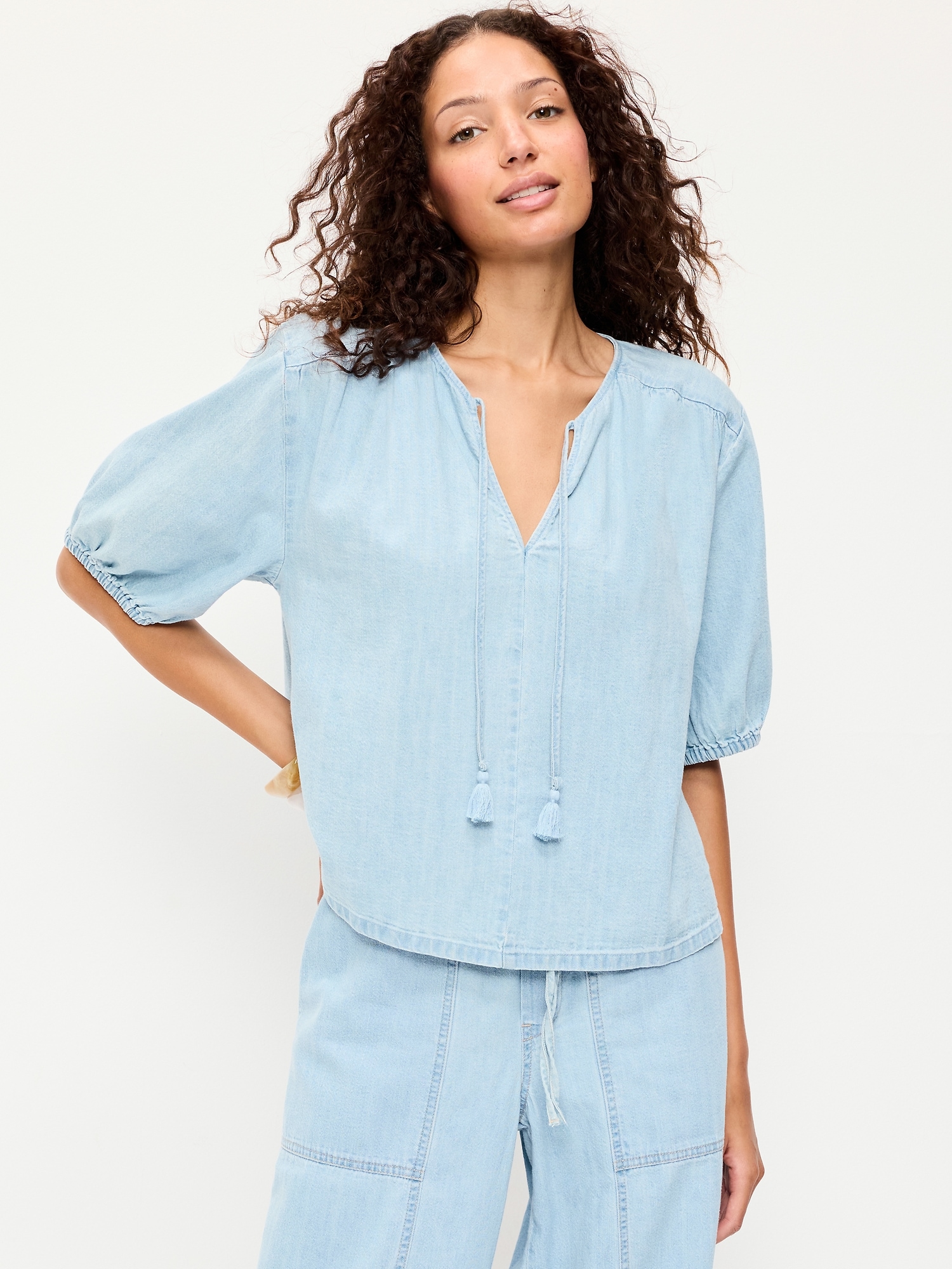 Short-Sleeve Beaded Denim Top