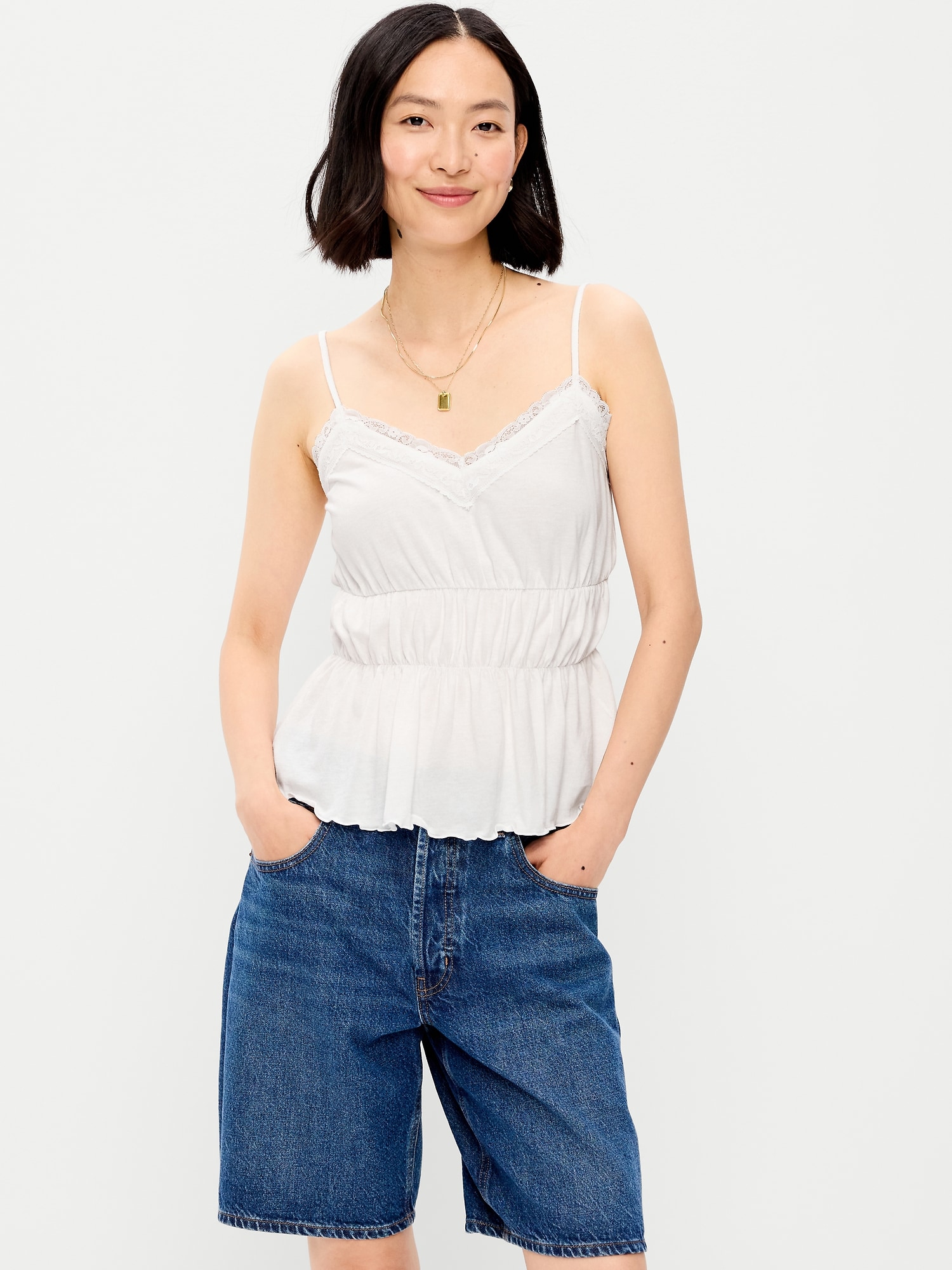 Lace-Trim Smocked-Waist Tank Top