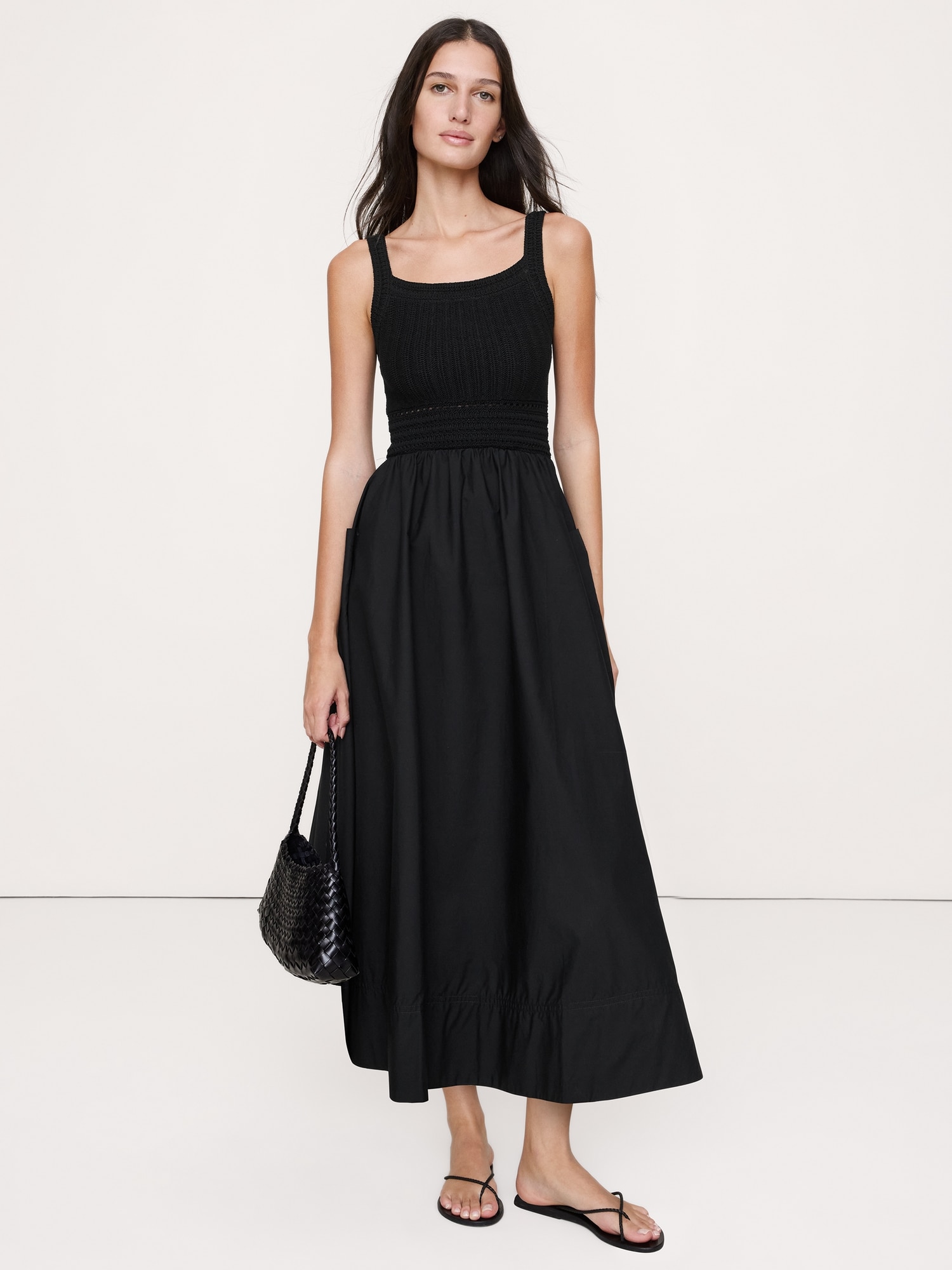 ROBE MI-LONGUE EN POPELINE DE COTON ET AU CROCHET