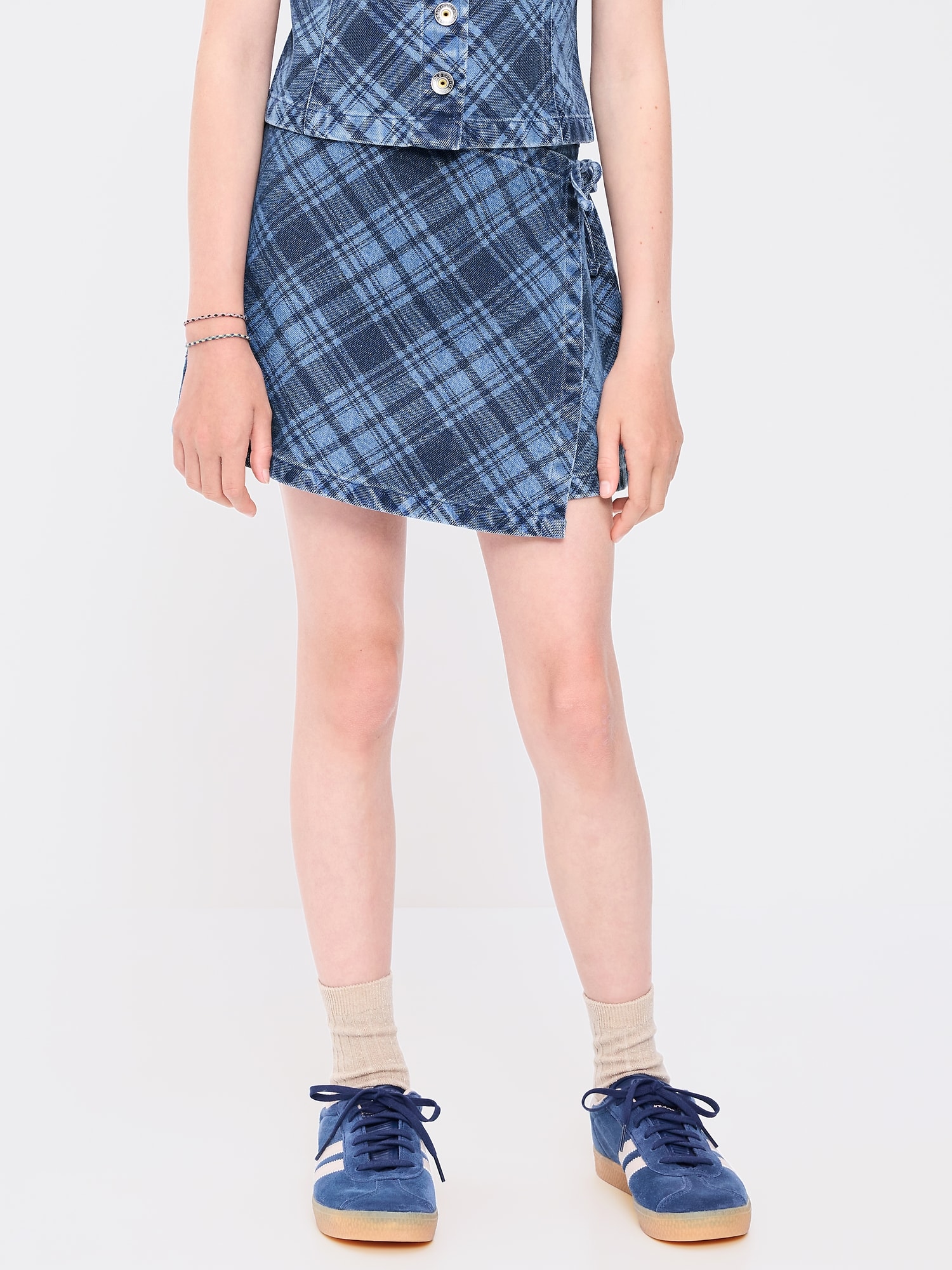 Wrap-Front Plaid Denim Skort for Girls