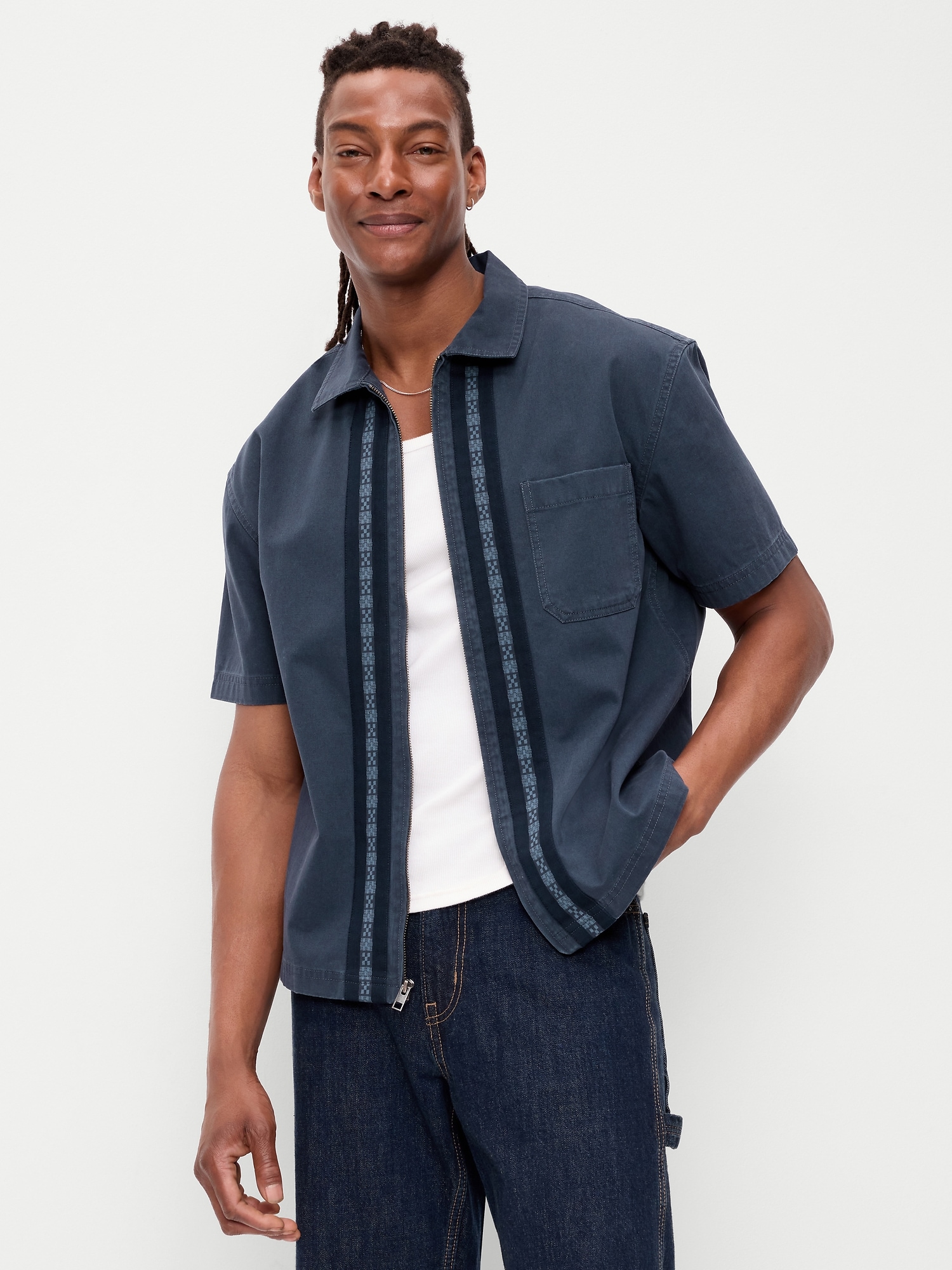 CHEMISE DE TRAVAIL AMPLE EN SERGÉ À GLISSIÈRE PLEINE LONGUEUR